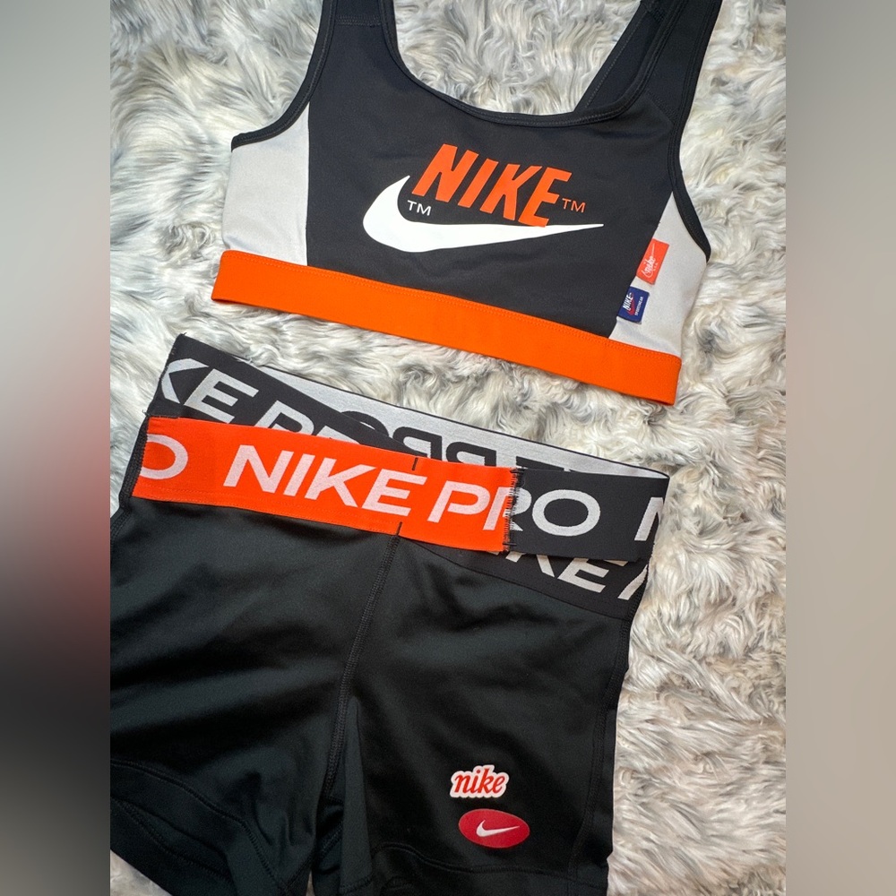 Nike Black Orange White Logo Sports Bra & Matching Shorts Set size XS Small EUC - Picture 4 of 7